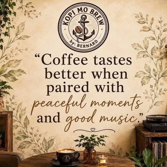 A printed quote card about coffee, peaceful moments and good music